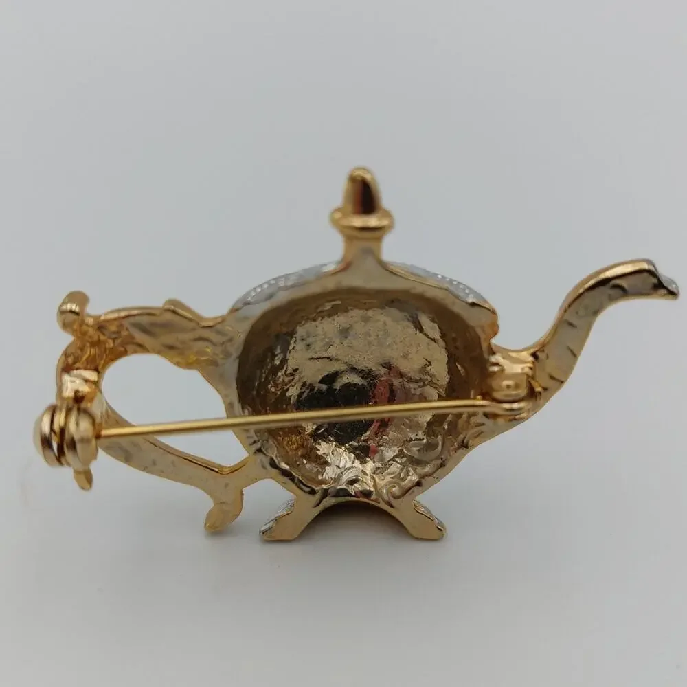 Vintage Teapot Brooch Mixed Metal Gold Silver Tone Etched Tea Pot Pin